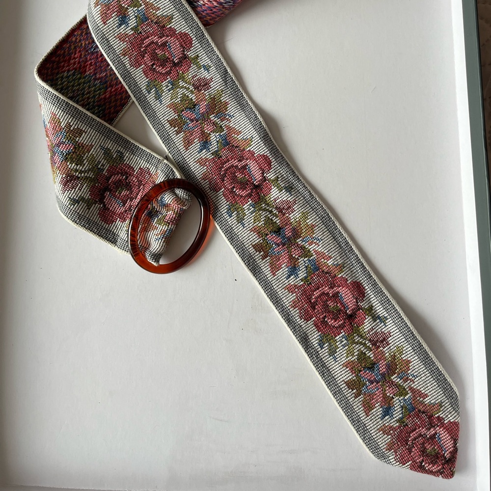 Floral Embroidered Belt with Brown Buckle vintage belt boho Sezane style prairie